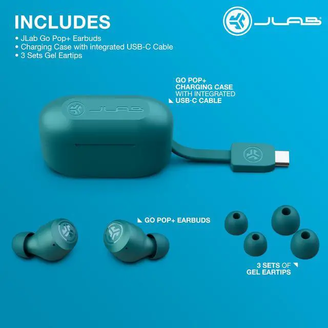 Alt view image 7 of 7 - JLab Go Air Pop+, True Wireless Earbuds, Bluetooth Earbuds with Microphone, Dual Connect, USB-C Charging Case, Teal