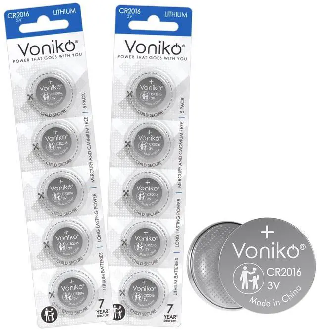 Main image of Voniko CR2016 3V Lithium Batteries 10 Pack for Child Safety, Compatible with Remotes, Key Fobs, Glucose Monitors - 7 Years Shelf Life