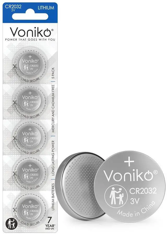 Main image of Voniko CR2032 3V Lithium Batteries 5 Pack for Child Safety, Compatible with AirTag, Key Fobs, Thermometers, Scales 7 Years Shelf Life