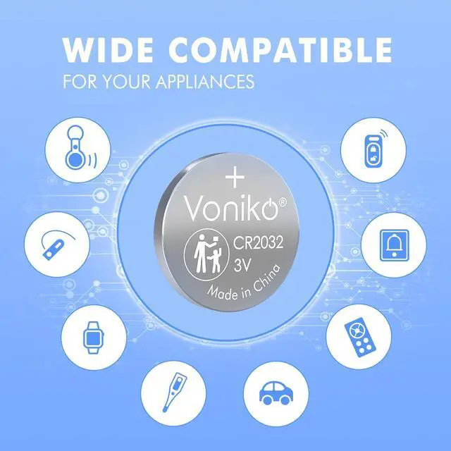 Alt view image 2 of 7 - Voniko CR2032 3V Lithium Batteries 5 Pack for Child Safety, Compatible with AirTag, Key Fobs, Thermometers, Scales 7 Years Shelf Life