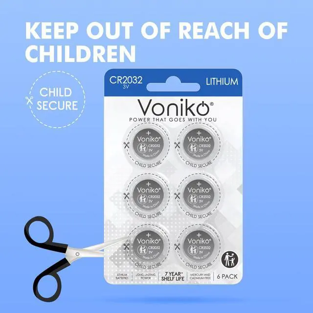 Alt view image 5 of 7 - Voniko CR2032 3V Lithium Batteries 5 Pack for Child Safety, Compatible with AirTag, Key Fobs, Thermometers, Scales 7 Years Shelf Life