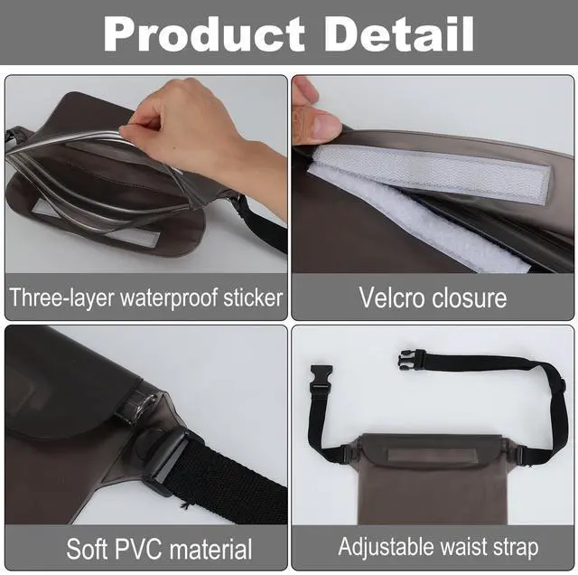 Alt view image 2 of 5 - Triple zip lock protection Waterproof Fanny Pack - Waterproof Phone Pouch with Waist Strapfor Outdoor Water Sports, Boating, Hiking,Kayaking,Fishing Beach, Camping and Swimming (Transparent Black)