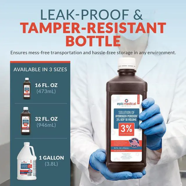 Alt view image 6 of 7 - Epic Medical Supply Hydrogen Peroxide 32 oz. First Aid Antiseptic and Multipurpose Cleaner, 3% USP, Topical Wash for Minor Cuts, Scrapes, Insect Bites, and Skin Irritations. (1)
