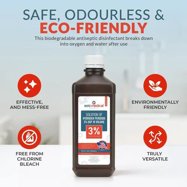 Alt view image 7 of 7 - Epic Medical Supply Hydrogen Peroxide 32 oz. First Aid Antiseptic and Multipurpose Cleaner, 3% USP, Topical Wash for Minor Cuts, Scrapes, Insect Bites, and Skin Irritations. (1)