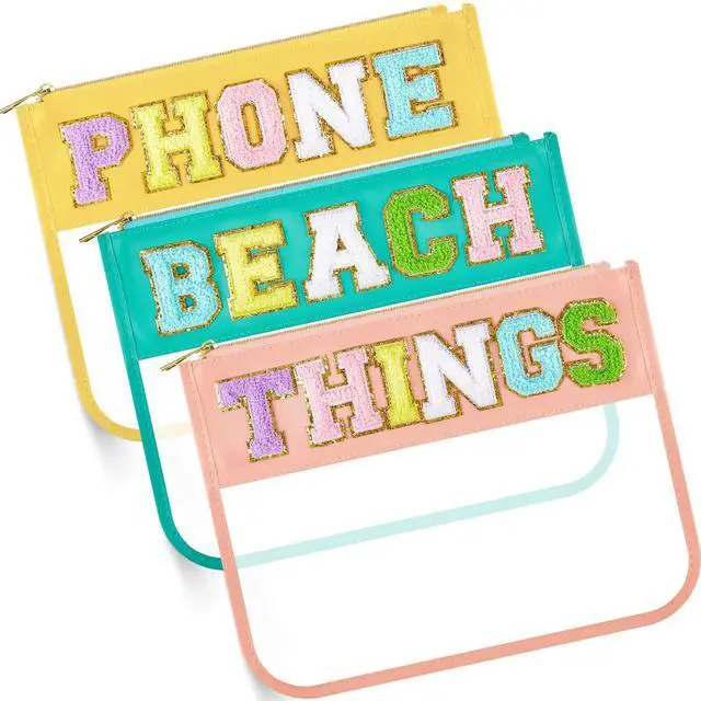 Main image of Patelai 3 Pcs Chenille Letter Zipper Pouch for Travel Clear Snack Bags Waterproof Cosmetic Pouch Nylon Gym Beach Multipurpose Makeup Bag for Women Girl(Beach, Phone, Things,Candy Color)