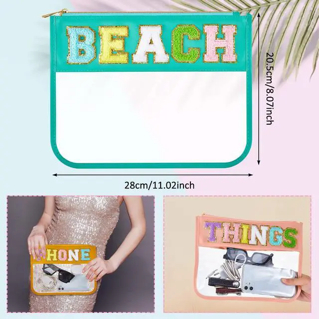 Alt view image 2 of 6 - Patelai 3 Pcs Chenille Letter Zipper Pouch for Travel Clear Snack Bags Waterproof Cosmetic Pouch Nylon Gym Beach Multipurpose Makeup Bag for Women Girl(Beach, Phone, Things,Candy Color)