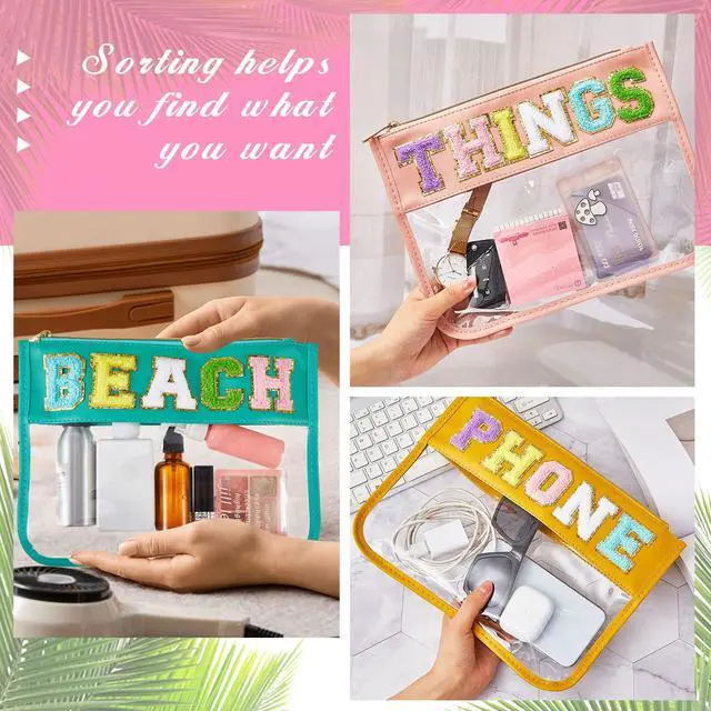 Alt view image 3 of 6 - Patelai 3 Pcs Chenille Letter Zipper Pouch for Travel Clear Snack Bags Waterproof Cosmetic Pouch Nylon Gym Beach Multipurpose Makeup Bag for Women Girl(Beach, Phone, Things,Candy Color)