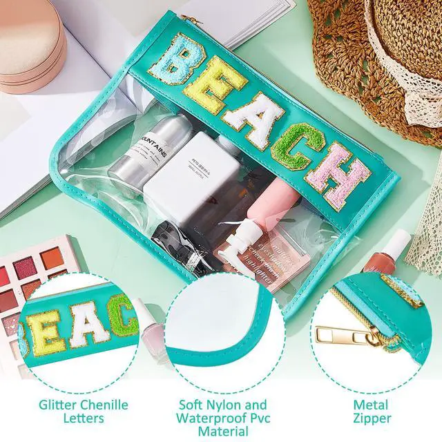 Alt view image 4 of 6 - Patelai 3 Pcs Chenille Letter Zipper Pouch for Travel Clear Snack Bags Waterproof Cosmetic Pouch Nylon Gym Beach Multipurpose Makeup Bag for Women Girl(Beach, Phone, Things,Candy Color)