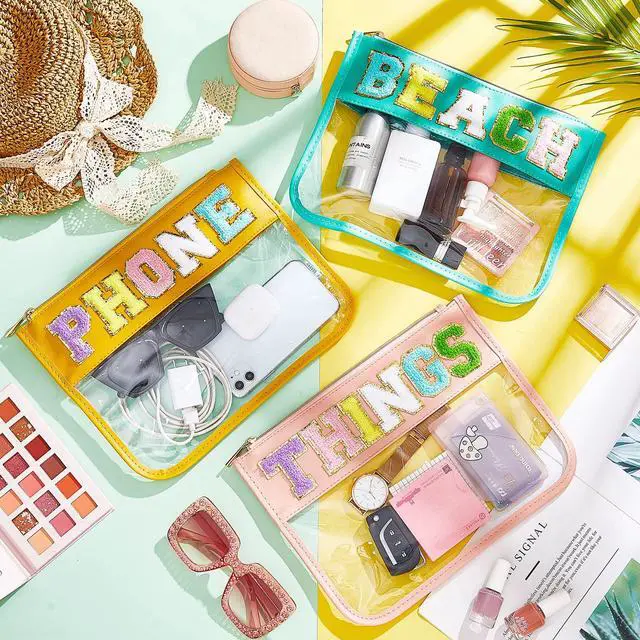 Alt view image 6 of 6 - Patelai 3 Pcs Chenille Letter Zipper Pouch for Travel Clear Snack Bags Waterproof Cosmetic Pouch Nylon Gym Beach Multipurpose Makeup Bag for Women Girl(Beach, Phone, Things,Candy Color)