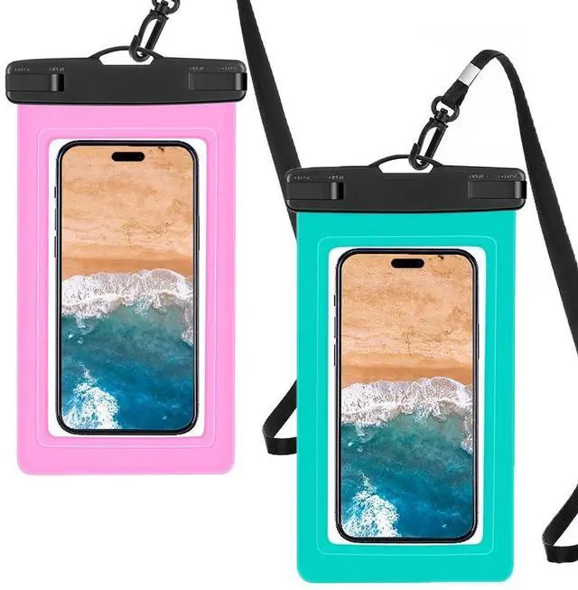 Main image of BOLTJOY Universal Waterproof Phone Case Pouch with Neck Strap, 2-Pack, Black & White (Pink&Green)