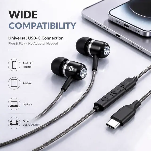 Alt view image 3 of 7 - ADOOPE USB-C Wired Earbuds with Microphone, in-Ear Headphones for Android & USB-C Devices, Noise-Isolating Stereo Earphones with Inline Remote for Phone Calls, Music & Video - Black