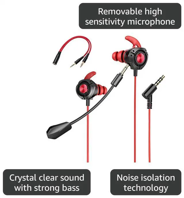 Alt view image 2 of 2 - KAHEAUM Gaming Earbuds with Microphone,Stereo Headphones Deep Bass Earphones Sport Earbuds Wired Detachable Noise Cancelling Gaming Headset for Mobile Games Phones PC PS4 Xbox One PlayStation 5-Black