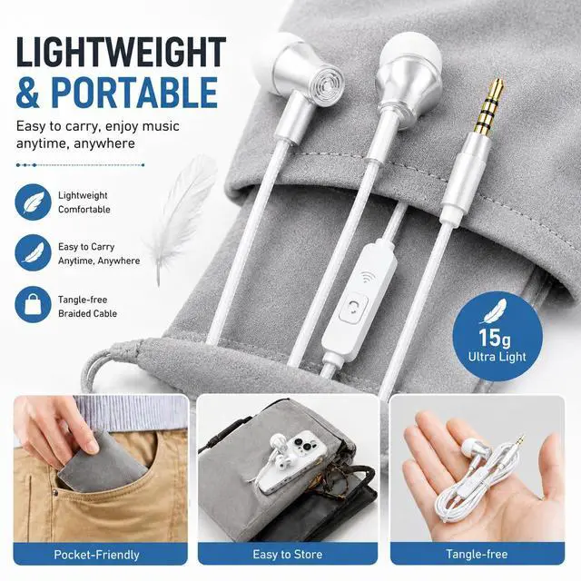 Alt view image 3 of 5 - Vuvlonoso White Wired Earbuds with Microphone, 3.5mm in-Ear Headphones, Stereo Earphones with Volume Control for Laptop, PC, Tablet and Smartphones