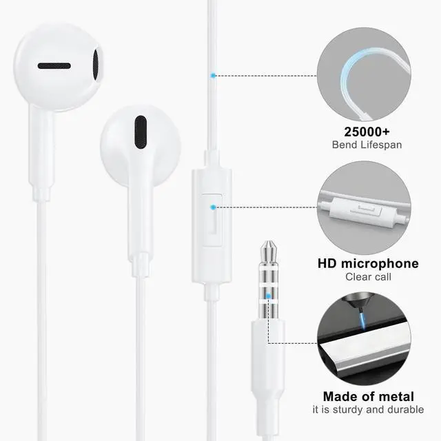 Alt view image 3 of 6 - 2 Pack Wired Earbuds with 3.5mm AUX Plug Headphones,Earphones with Microphone, Corded for 3.5mm Jack Ear Buds for iPhone, Samsung, Computer, Laptop, School Students, Women, Small Ear (White) (White)