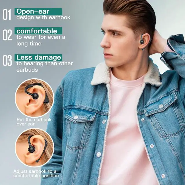 Alt view image 2 of 7 - Open Ear Headphones Wireless Bluetooth Single Bone Conduction Wireless Earbuds with Earhooks Bone Conduction Headphones Bluetooth Head Set Earphones IPX5 Waterproof Long Battery Life Earpiece Black