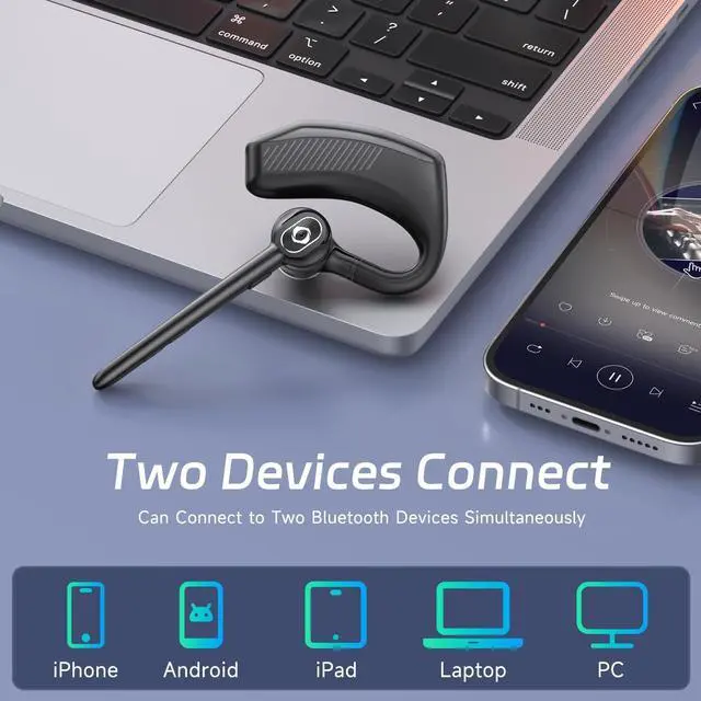 Alt view image 4 of 7 - Wireless Headset Bluetooth Earpiece with Dual Noise Canceling Single Earbud