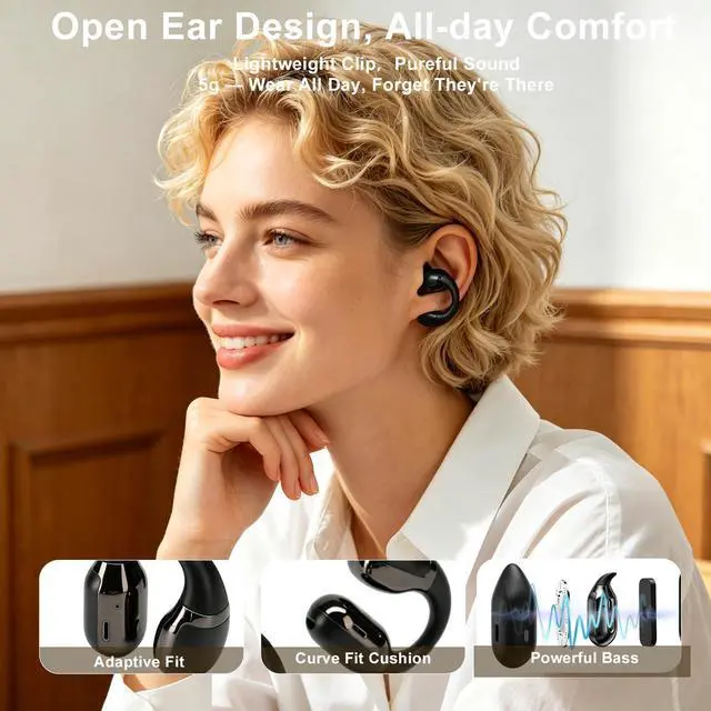 Alt view image 2 of 7 - Open Ear Clip-On Earbuds, Bluetooth 5.4 Wireless Headphones IP65 Waterproof Lightweight 16H Playtime Touch Control Earphones Comfort Design for Small Ears&Glasses