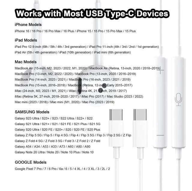 Alt view image 6 of 7 - 2 Packs USB C Headphones for iPhone 17/16/15 Pro Max Plus Type C Earphones with Microphone & Remote Noise Cancelling Earbuds for iPhone 17/16/15 Pro, iPad, Galaxy S23/S22/S21/S20/Ultra Note 10/20