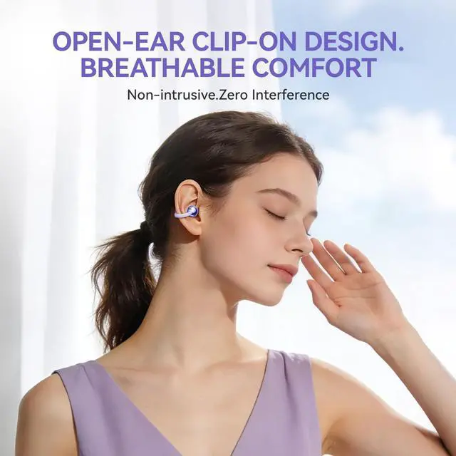 Alt view image 2 of 7 - CHENRUIDA Clip On Earbuds Open Ear Ear Buds Wireless Bluetooth 5.4 Headphones,48H Playtime,IPX6 Waterproof,Touch Control,Comfortable for Workouts and Daily Use (Purple)