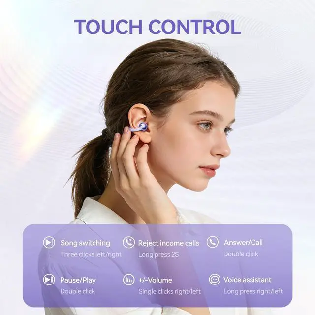 Alt view image 3 of 7 - CHENRUIDA Clip On Earbuds Open Ear Ear Buds Wireless Bluetooth 5.4 Headphones,48H Playtime,IPX6 Waterproof,Touch Control,Comfortable for Workouts and Daily Use (Purple)
