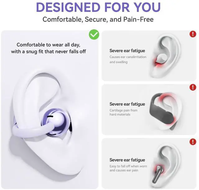 Alt view image 5 of 7 - CHENRUIDA Clip On Earbuds Open Ear Ear Buds Wireless Bluetooth 5.4 Headphones,48H Playtime,IPX6 Waterproof,Touch Control,Comfortable for Workouts and Daily Use (Purple)