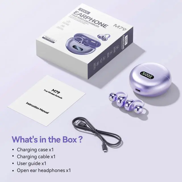 Alt view image 7 of 7 - CHENRUIDA Clip On Earbuds Open Ear Ear Buds Wireless Bluetooth 5.4 Headphones,48H Playtime,IPX6 Waterproof,Touch Control,Comfortable for Workouts and Daily Use (Purple)