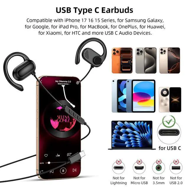 Alt view image 5 of 7 - COOYA USB C Open Ear Headphones for Samsung S26 S25 S23 Wired Earbuds Black