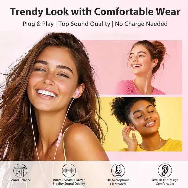 Alt view image 2 of 7 - Jiunai 3.5mm Wired Earbuds with Mic, Half in-Ear Corded Headphones Pink