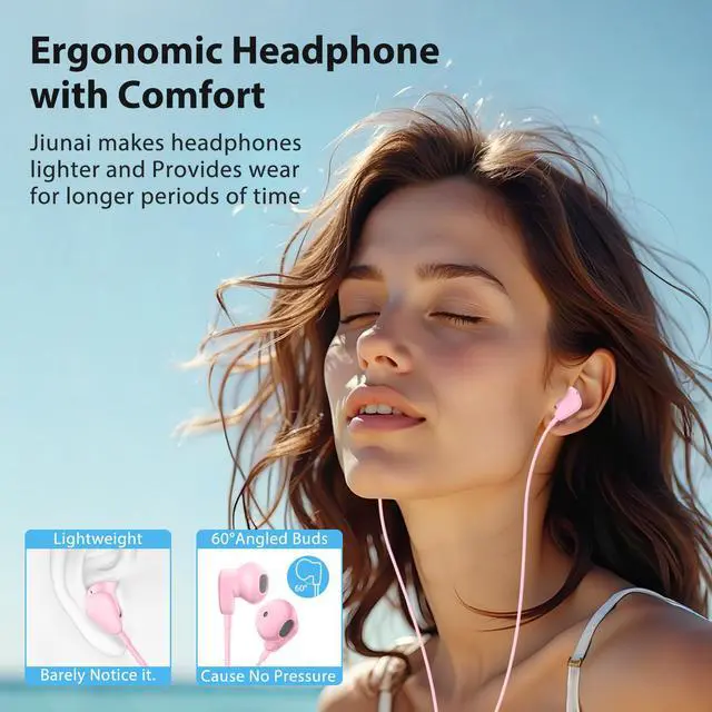 Alt view image 4 of 7 - Jiunai 3.5mm Wired Earbuds with Mic, Half in-Ear Corded Headphones Pink
