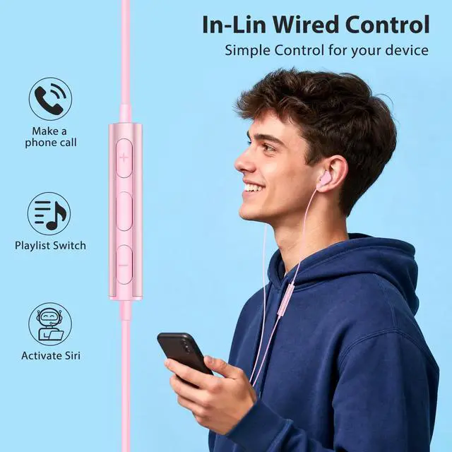 Alt view image 5 of 7 - Jiunai 3.5mm Wired Earbuds with Mic, Half in-Ear Corded Headphones Pink