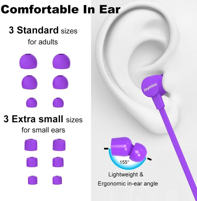 Alt view image 2 of 7 - Joymiso Wired Earbuds for School Kids Women Small Ears w Mic & Case Purple Volume Control, 6 Sizes Tips, Lightweight Comfortable, Tangle Free Flat Cable, in Ear Headphones for Cell Phone Laptop Tablet