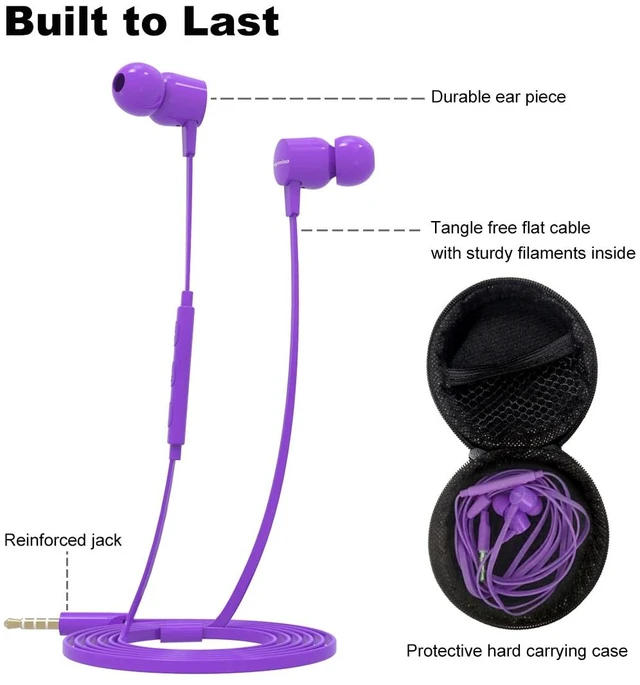Alt view image 3 of 7 - Joymiso Wired Earbuds for School Kids Women Small Ears w Mic & Case Purple Volume Control, 6 Sizes Tips, Lightweight Comfortable, Tangle Free Flat Cable, in Ear Headphones for Cell Phone Laptop Tablet