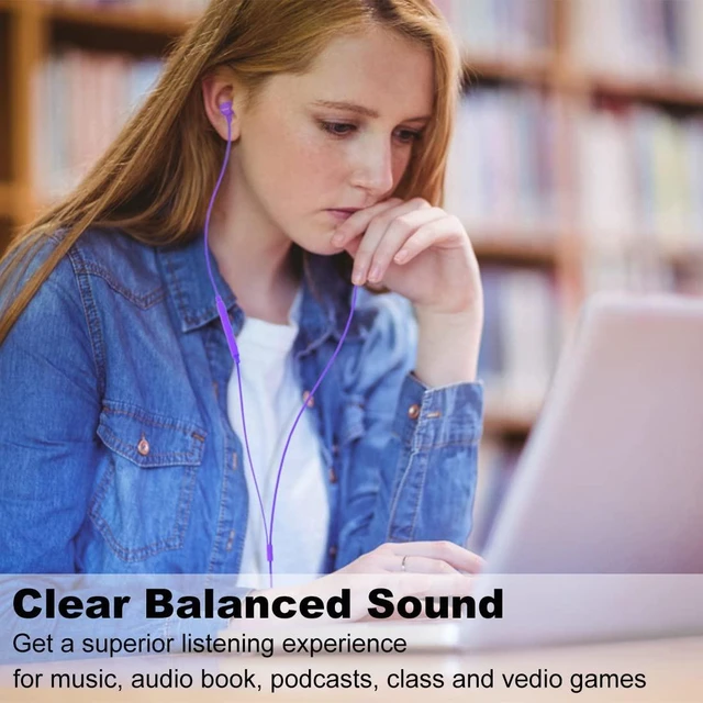 Alt view image 4 of 7 - Joymiso Wired Earbuds for School Kids Women Small Ears w Mic & Case Purple Volume Control, 6 Sizes Tips, Lightweight Comfortable, Tangle Free Flat Cable, in Ear Headphones for Cell Phone Laptop Tablet