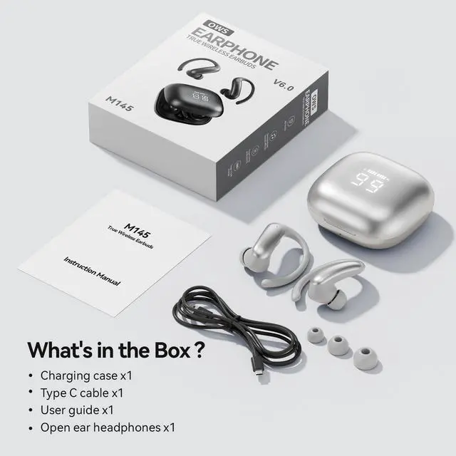 Alt view image 7 of 7 - CHENRUIDA Wireless Ear Buds with Ear Hooks Bluetooth 6.0 Headphones,48H Playtime,Over Ear Buds with LED Power Display,IPX6 Waterproof for Sport Workout Running (Silvery)