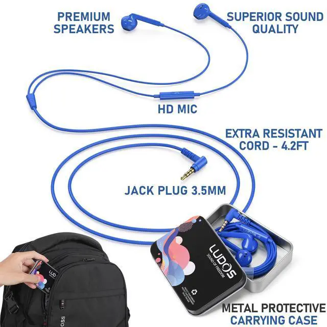 Alt view image 2 of 7 - LUDOS FEROX Wired Earbuds in-Ear Headphones, 5 Year Warranty, Earphones with Microphone, Noise Isolation Corded for 3.5mm Jack Ear Buds for iPhone, Samsung, Laptop, Kids, School Students - Blue