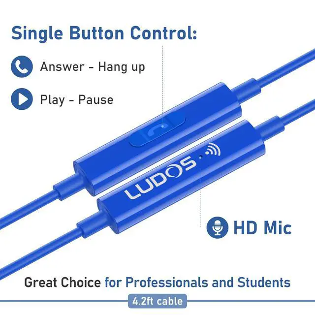 Alt view image 4 of 7 - LUDOS FEROX Wired Earbuds in-Ear Headphones, 5 Year Warranty, Earphones with Microphone, Noise Isolation Corded for 3.5mm Jack Ear Buds for iPhone, Samsung, Laptop, Kids, School Students - Blue