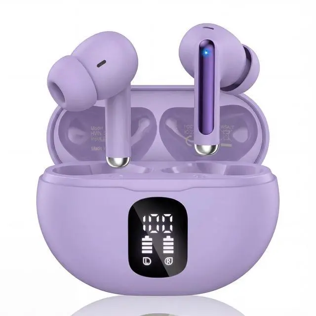 Main image of Wireless Earbuds, Bluetooth 5.4 Ear Buds Bass Stereo, Headphones with Noise Cancelling Mic, LED Display in Ear Earphones Clear Calls, IP7 Waterproof Bluetooth Earbuds for Phone/Android/iPad, Purple