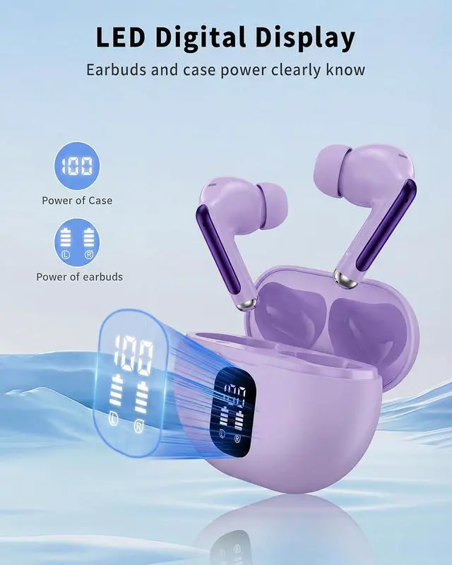 Alt view image 2 of 7 - Wireless Earbuds, Bluetooth 5.4 Ear Buds Bass Stereo, Headphones with Noise Cancelling Mic, LED Display in Ear Earphones Clear Calls, IP7 Waterproof Bluetooth Earbuds for Phone/Android/iPad, Purple