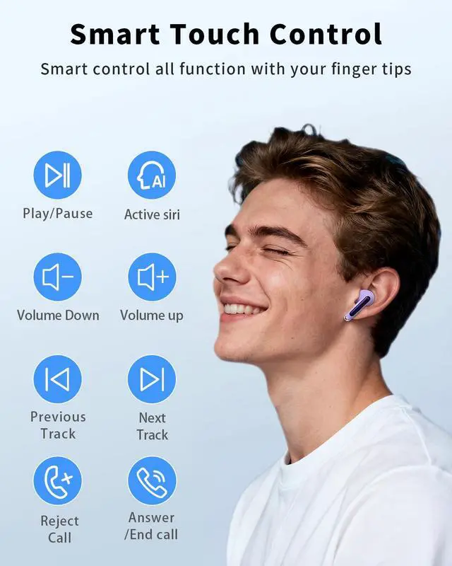 Alt view image 4 of 7 - Wireless Earbuds, Bluetooth 5.4 Ear Buds Bass Stereo, Headphones with Noise Cancelling Mic, LED Display in Ear Earphones Clear Calls, IP7 Waterproof Bluetooth Earbuds for Phone/Android/iPad, Purple