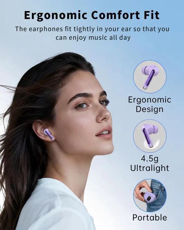 Alt view image 7 of 7 - Wireless Earbuds, Bluetooth 5.4 Ear Buds Bass Stereo, Headphones with Noise Cancelling Mic, LED Display in Ear Earphones Clear Calls, IP7 Waterproof Bluetooth Earbuds for Phone/Android/iPad, Purple