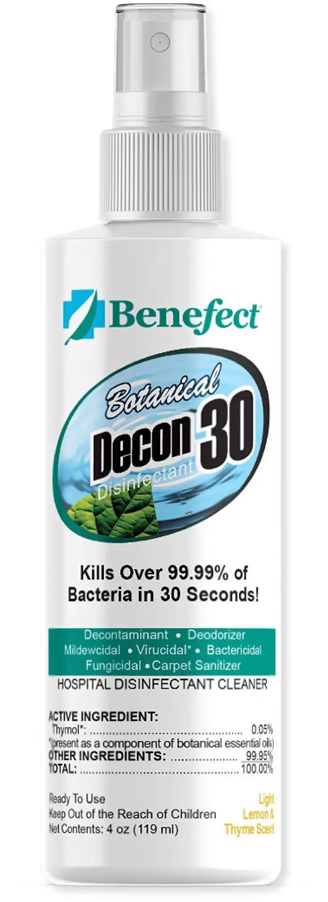 Main image of Benefect Botanical Decon 30 Disinfectant Cleaner, 4 oz. Spray Bottle, Light Lemon & Thyme Scent, Hospital Grade Disinfectant, Kills Over 99.99% of Germs, Safe for Food-Contact Surfaces