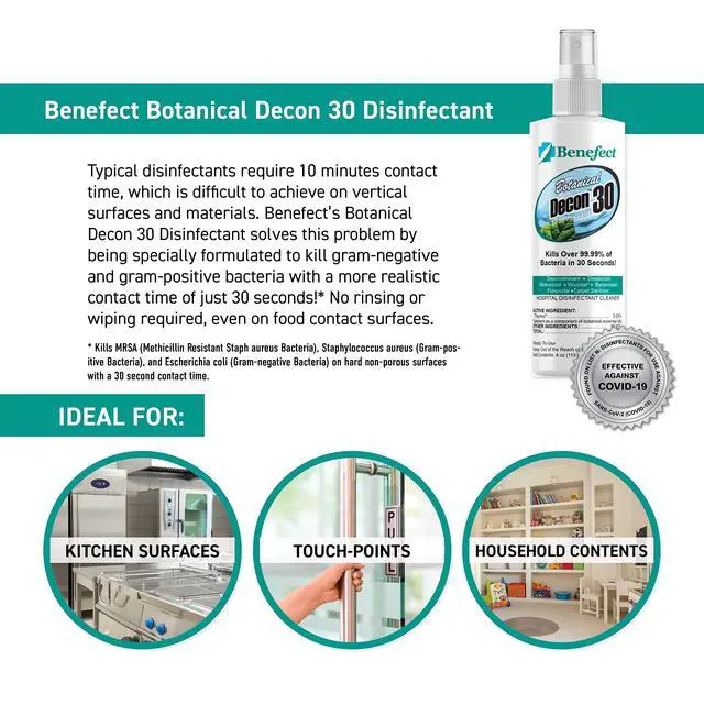 Alt view image 3 of 7 - Benefect Botanical Decon 30 Disinfectant Cleaner, 4 oz. Spray Bottle, Light Lemon & Thyme Scent, Hospital Grade Disinfectant, Kills Over 99.99% of Germs, Safe for Food-Contact Surfaces