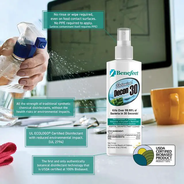Alt view image 4 of 7 - Benefect Botanical Decon 30 Disinfectant Cleaner, 4 oz. Spray Bottle, Light Lemon & Thyme Scent, Hospital Grade Disinfectant, Kills Over 99.99% of Germs, Safe for Food-Contact Surfaces