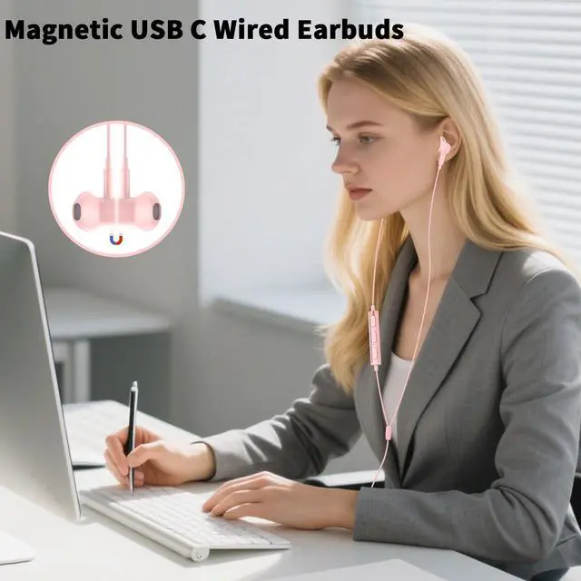 Alt view image 2 of 7 - USB C Earbuds Wired Headphones for iPhone 17 16 Pro Max 17e,Pink | for Samsung S26 S25 Ultra S24 A17 A37 Type C Earphones,Stereo Corded Earbuds C Plug with Microphone for Apple/iPad Pro 10 11