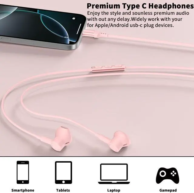 Alt view image 4 of 7 - USB C Earbuds Wired Headphones for iPhone 17 16 Pro Max 17e,Pink | for Samsung S26 S25 Ultra S24 A17 A37 Type C Earphones,Stereo Corded Earbuds C Plug with Microphone for Apple/iPad Pro 10 11