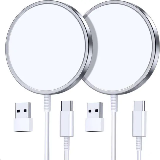 Main image of Magnetic Charger 2 Pack, 15W Fast Wireless Charging Pad for Phone 17/16/15/14/13/12 and AirPods Pro, Magnetic Charger with 2 Cables and 2 Type-C Adapters, Silver