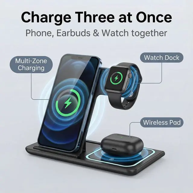 Alt view image 3 of 7 - 3 in 1 Wireless Charging Station for iPhone, Apple Watch & AirPods, Foldable Magnetic Charging Stand, Fast Wireless Charger Dock for Multiple Devices, Portable Charging Pad for Desk & Nightstand