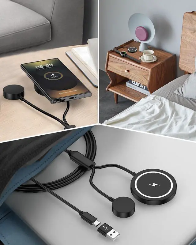 Alt view image 7 of 7 - Galaxy Watch Charger Cable 2-in-1 15W Samsung Wireless Charger Fast Charge