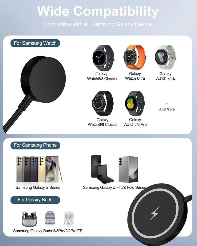Alt view image 6 of 7 - Galaxy Watch Charger Cable 2-in-1 15W Samsung Wireless Charger Fast Charge