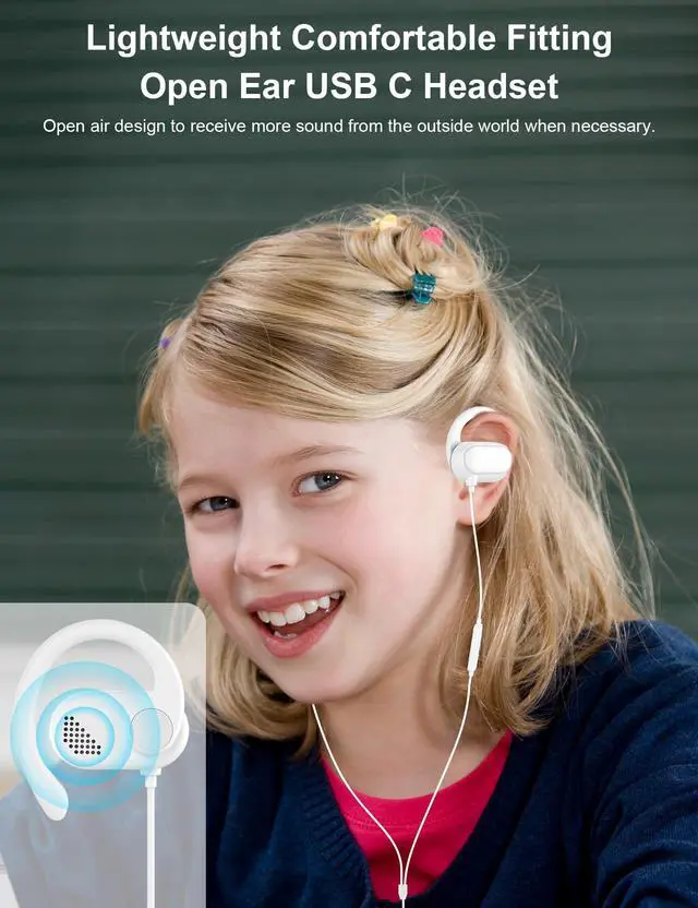 Alt view image 3 of 7 - USB Type C Headphone Open Ear Adjustable Over Ear Hook Headset School White